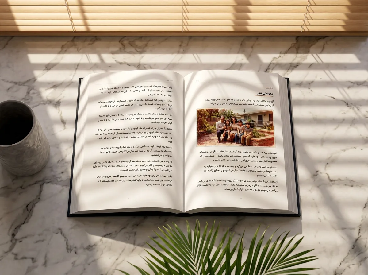 The book open in daylight, a family photograph printed beside the story it belongs to